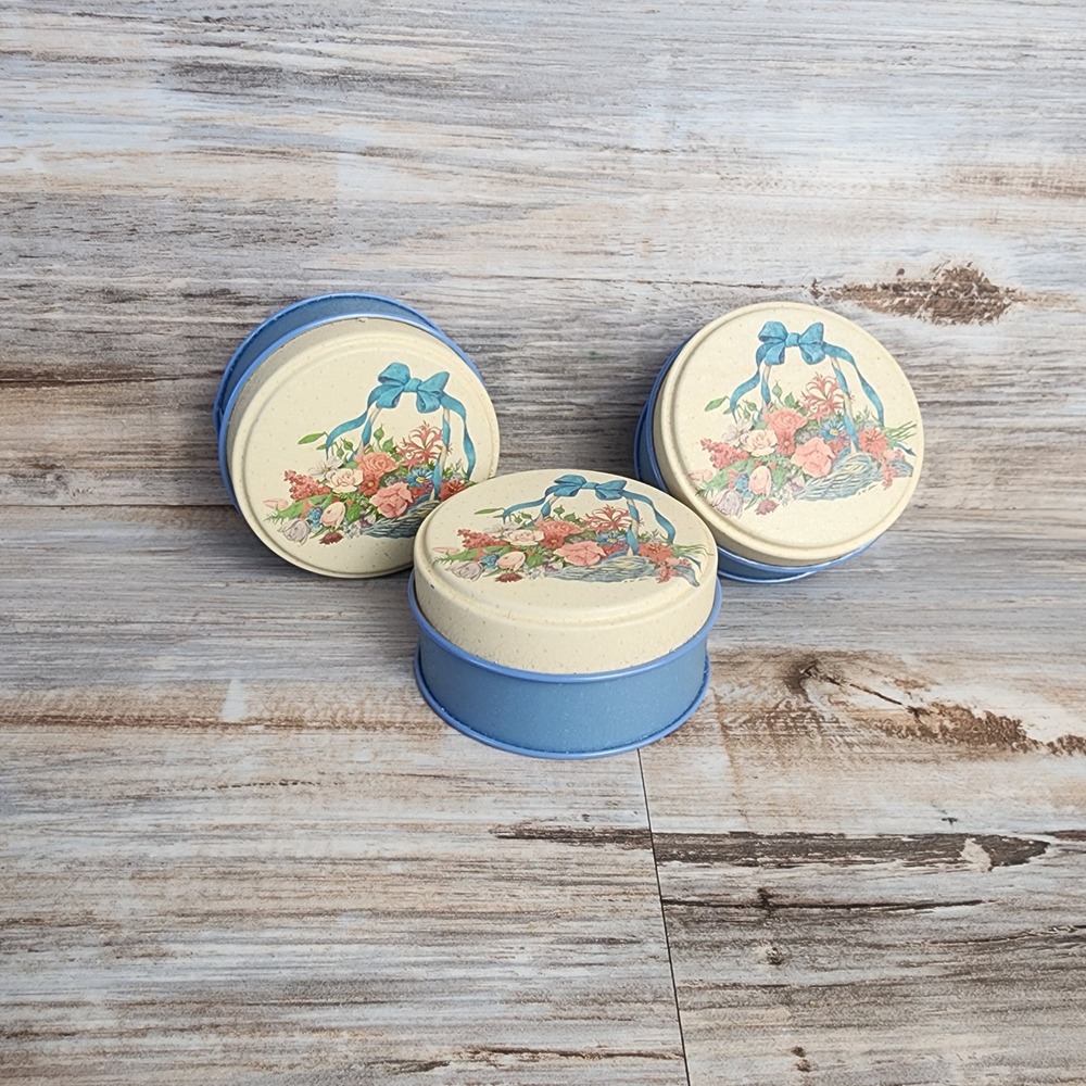 Potpourri Press Mayfair Floral Tin Set of 3‎ Vintage Blue Round Metal Containers